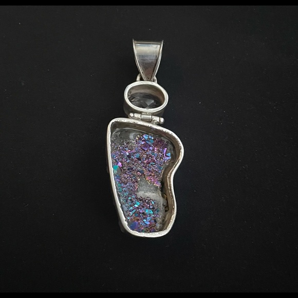 Sterling Silver Titanium rainbow natural crystal geode quartz amethyst pendant - Picture 4 of 8